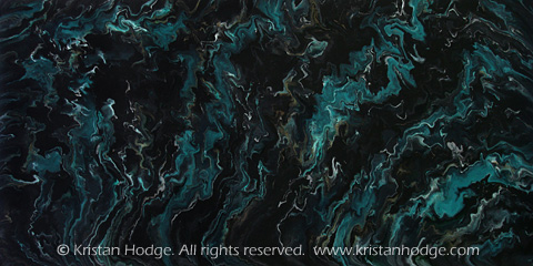 Painting: Distant Storm. Acrylic on canvas. Abstract, black, turquoise, night sky
