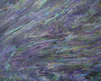 Painting: Garden Pond 2. Acrylic on canvas. Abstract, colorful, calming, purple with green and blue